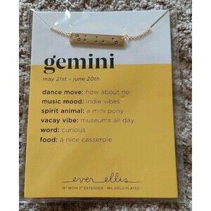 Gemini Zodiac Bar Necklace 18K Gold Plated Ever Ellis 16" May 21 - June 20